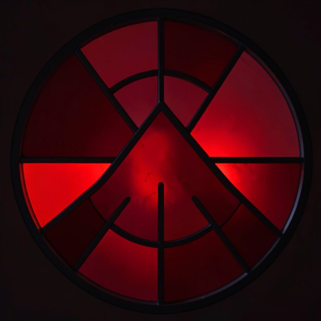 A circular mountain emblem in deep crimson and charcoal, with a minimalist peak icon at center