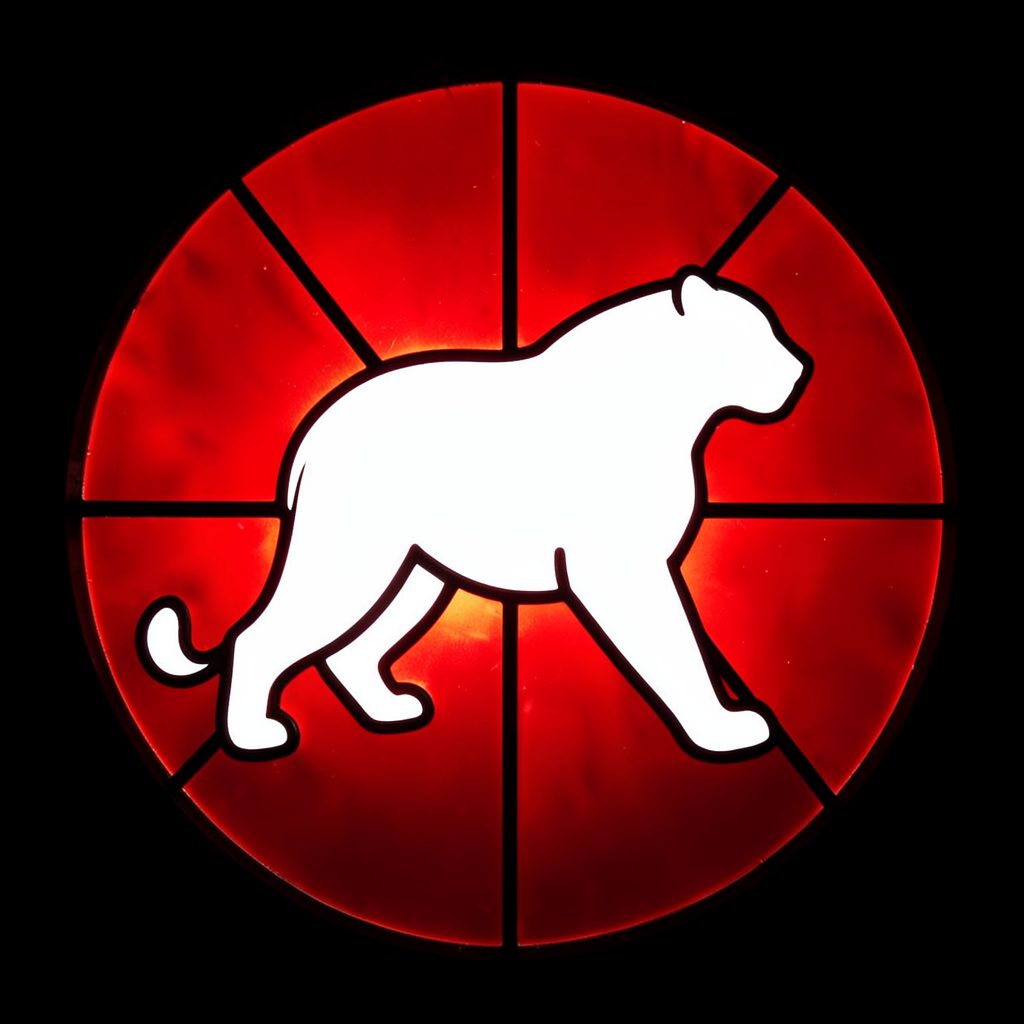 A stylized snow-leopard silhouette in white set against a crimson circular badge, bold and graphic
