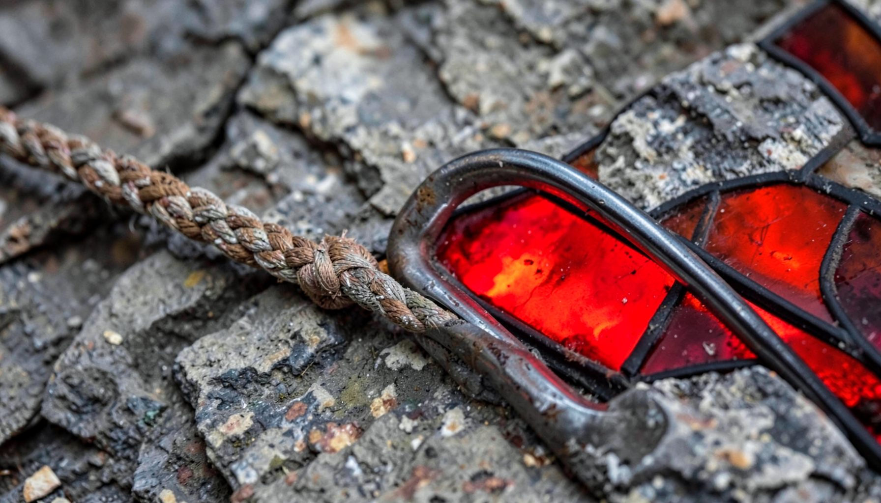 A close view of weathered climbing rope and carabiner on textured grey rock, muted earth tones